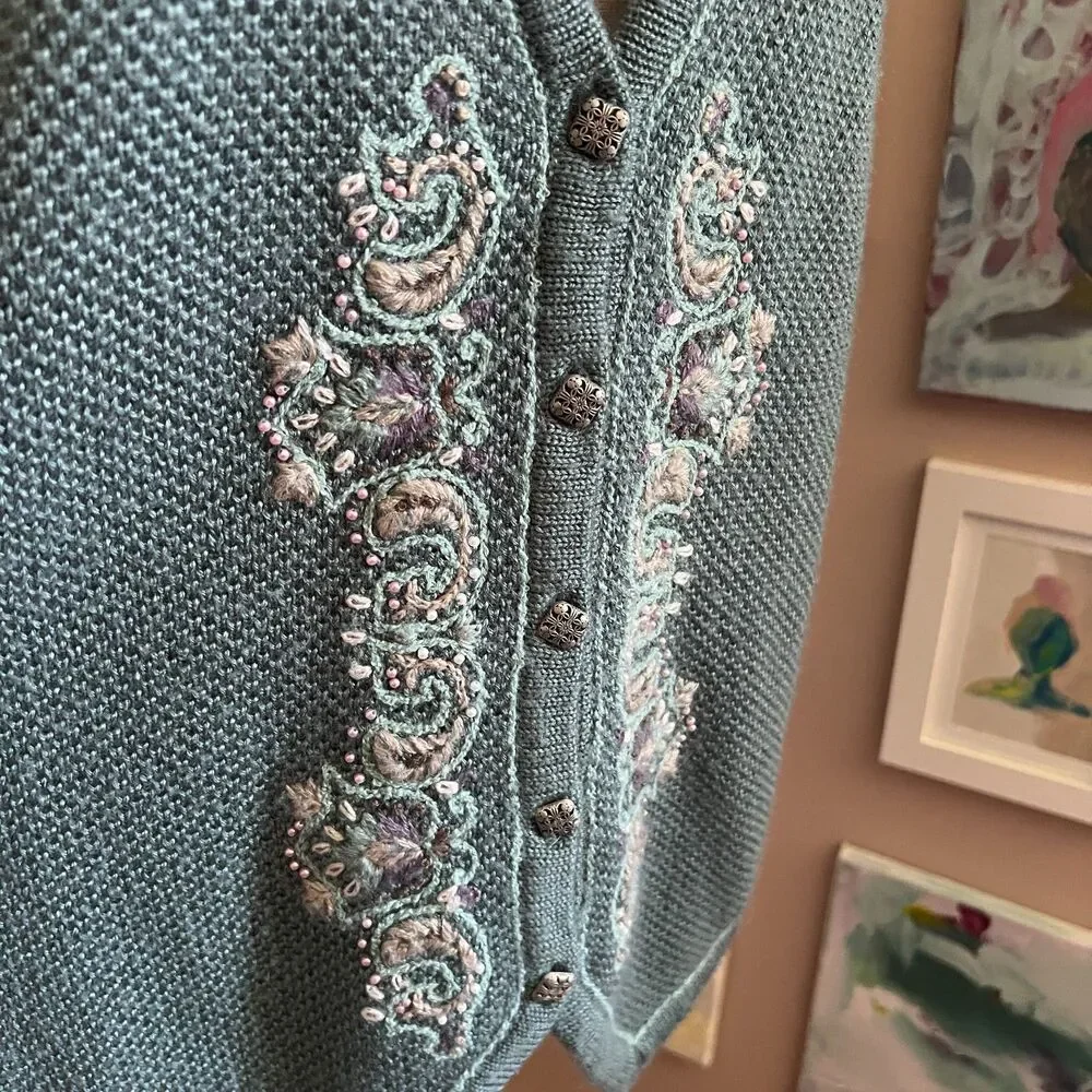 VTG Koret Teal Knit Sweater Vest Embroidered Wool Blend‎ Cottagecore Boho Size S